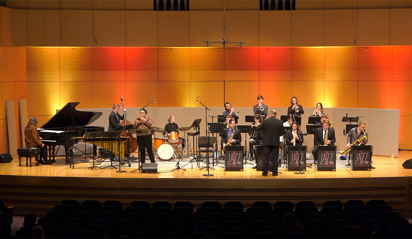 A picture of the Central Michigan University Jazz Lab I performing a concert.